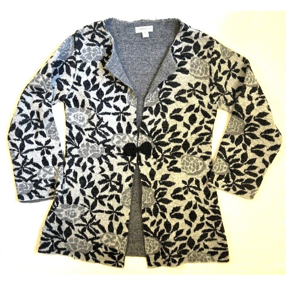 Coldwater Creek Cardigan Sweater Jacket Sz. M Button Front Grey Black Floral